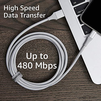 Amazon Basics USB-A to Lightning Cable, MFi Certified Charger for Apple iPhone iPad, Nylon Braided Cord, 10,000 Bend Lifespan, High Speed Transfer, 6 Foot, Silver