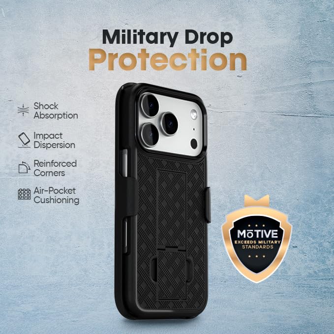 MOTIVE for iPhone 17 Pro Max Case with Belt Clip, Rigid, Kickstand | 6.9" | Ranger v1 Series, Black, 360° holster, open-top/open-bottom port access, textured grip, slim - size: iPhone 17 Pro Max