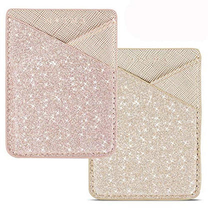 Glitter PU Leather Phone Card Holder Stick On Back of Phone Wallet - color: RoseGold