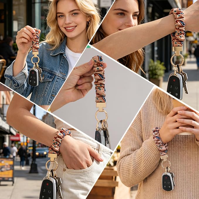 Blue Floral Scrunchie Wristlet Keychain– Tarnish-Resistant Key Ring - color: Blush Pink