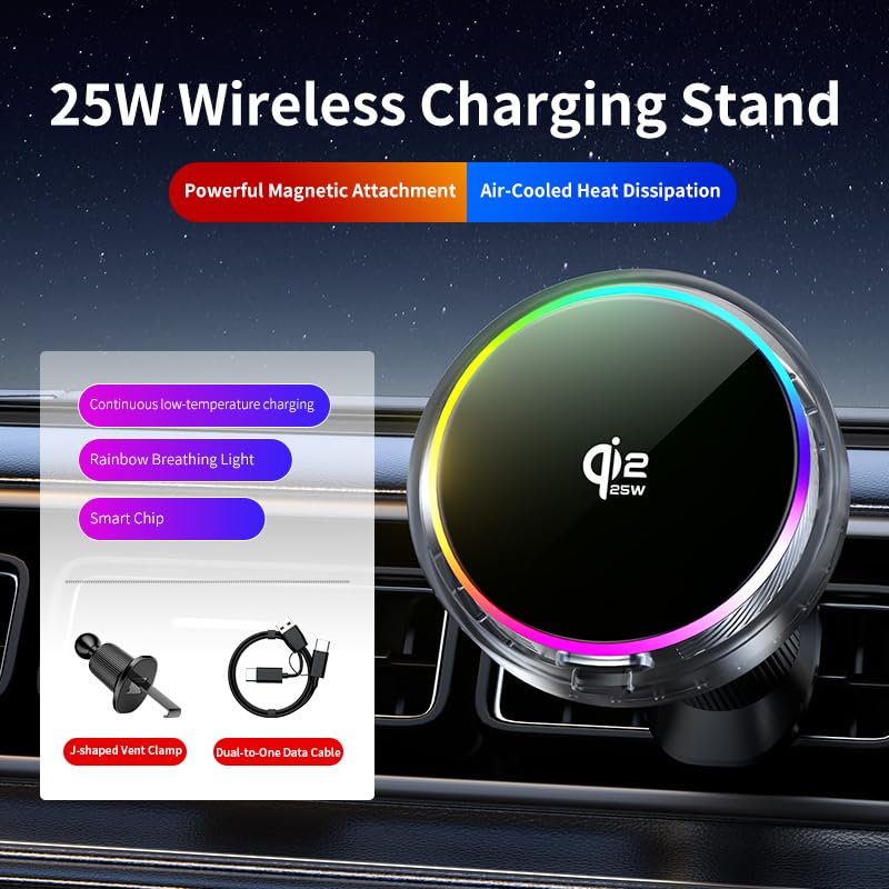 Qi2 25W Magnetic Car Mount Charger RGB Light, Ice Cooling Magnetic Wireless Car Charger Phone Holder, Air Vent Fast Charging for iPhone 17 16 15 14 13 12, S25 Series, Tempered Glass Pannel