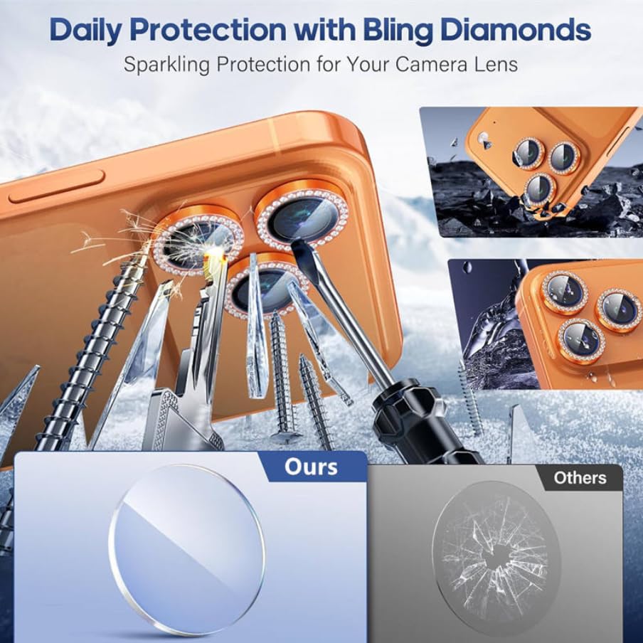 ZORA for 17 Pro / 17 Pro Max Camera Lens Protector Bling, Individual Diamond Metal Ring with 9H Hardness, Scratch-Proof Screen Protector, Stylish Accessories, Case Friendly (Orange)