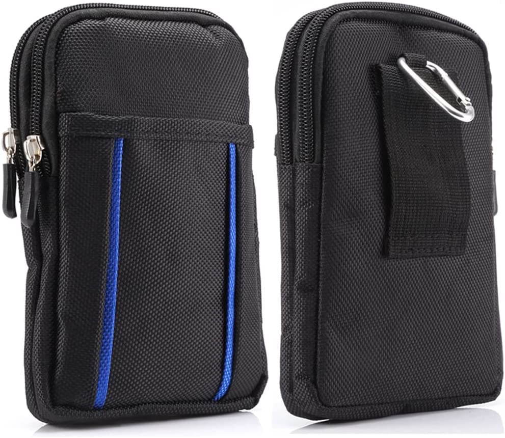 Cell Phone Belt Bag for Menand Women, Cell Phone Waist Bag Small, 6.9" Waterproof Vertical Cellphone Waist Belt Pouch Nylon Smartphone Belt Loop Holder with Zipper Case Fanny Pack with Carabiner - color: Black/Blue