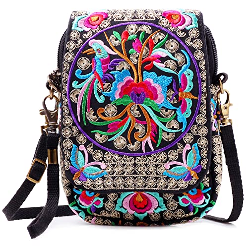 SILKAREA Embroidered Cute Mini Crossbody Bag for Women Small Handbags Wristlet Wallet Bag Cell-phone Pouch Coin Purse - color: Black Flower