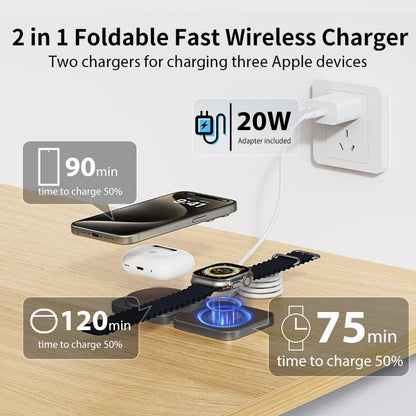 2 in 1 Foldable Mini Travel Wireless Charger Stand for Apple, KUXIU Aluminum Alloy Magnetic Charging Station Compatible with iPhone 15/14/13/12Pro/Max, 5W Fast Charging Watch 9/8/7/Ultra2-Leather - color: Leather