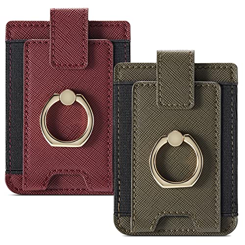 2Pcs RFID Leather Card Holder for Phone, Stick-On Wallet with Ring | Phone Wallet Stick On Back Of Phone Case. Adhesive For iPhone Wallet Holds Credit Cards/ID/Pockets. Viewing Freely Ring Stand - color: Green+WinRed