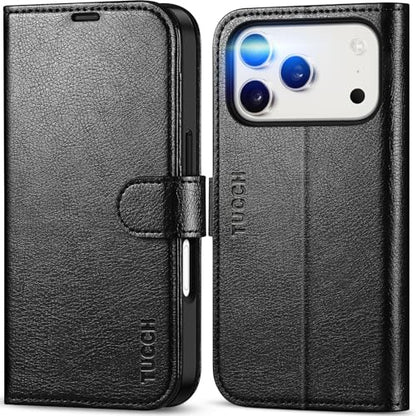 TUCCH Case Wallet for iPhone 17 Pro, RFID Blocking Folio, Textured Black | 4 Card Holders, Kickstand, PU Leather, Magnetic Closure, Shockproof TPU Shell, Protective Flip Cover - color: Textured Black