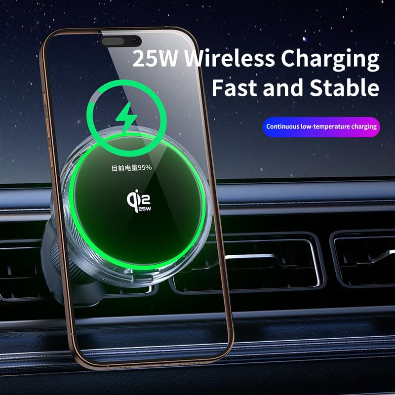 Qi2 25W Magnetic Car Mount Charger RGB Light, Ice Cooling Magnetic Wireless Car Charger Phone Holder, Air Vent Fast Charging for iPhone 17 16 15 14 13 12, S25 Series, Tempered Glass Pannel