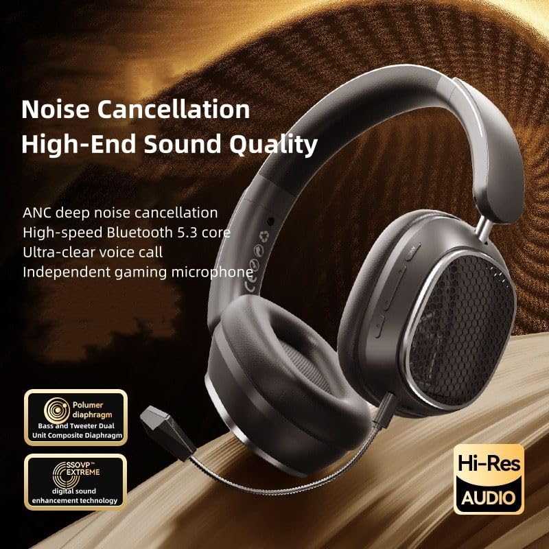 Hi-Fi Stereo Wireless Headphone Active Noise Cancellation Bluetooth 5.3 Headset with Detachable Microphone Ultra Comfortable and Full Ear Coverage Lightweight Foldable Earphone - color: Black