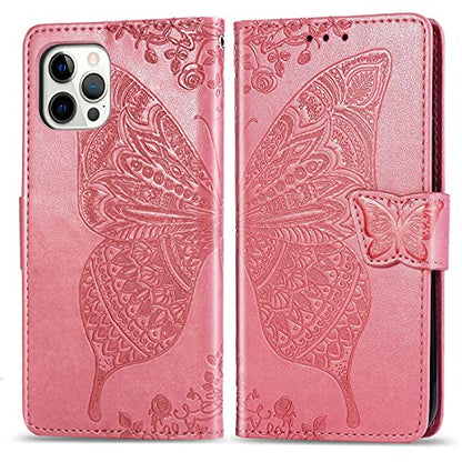 for iPhone 12 Pro/iPhone 12 Wallet Case,Women Flip Folio Cover with Butterfly Embossed PU Leather Kickstand Credit Card Holder Slots Wrist Strap for iPhone 12/12 Pro 6.1 inch (Pink) - color: Pink