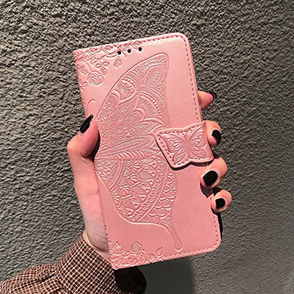 for iPhone 13 Pro Case Wallet for Women,Rose Gold | Butterfly Phone Cover Flip Folio Embossed PU Leather Credit Card Holder Slots Magnetic Wrist Strap Case - color: Rose Gold