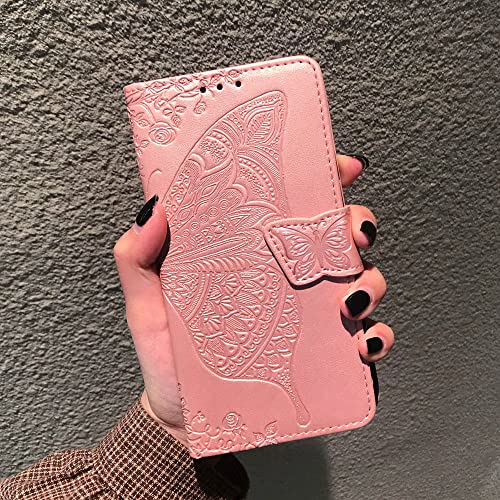 for Moto G Power 2022 Case Wallet,Women Flip Cover,Rose Gold | Butterfly Embossed PU Leather Kickstand Credit Card Holder Slots Magnetic Wrist Strap Purse - color: Rose Gold