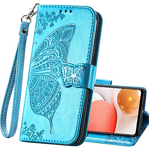 Wallet Case for Samsung Galaxy A03s with Card Holder Blue | PU Leather Flip Phone Cover,Wrist Strap,Woman Man Purse,Emboss Butterfly Flower,Stand,Shockproof TPU Shell, Magnetic Closure - color: B Blue
