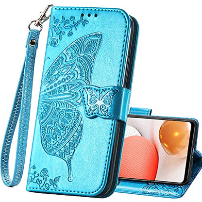 Wallet Case for Samsung Galaxy A03s with Card Holder Blue | PU Leather Flip Phone Cover,Wrist Strap,Woman Man Purse,Emboss Butterfly Flower,Stand,Shockproof TPU Shell, Magnetic Closure - color: B Blue