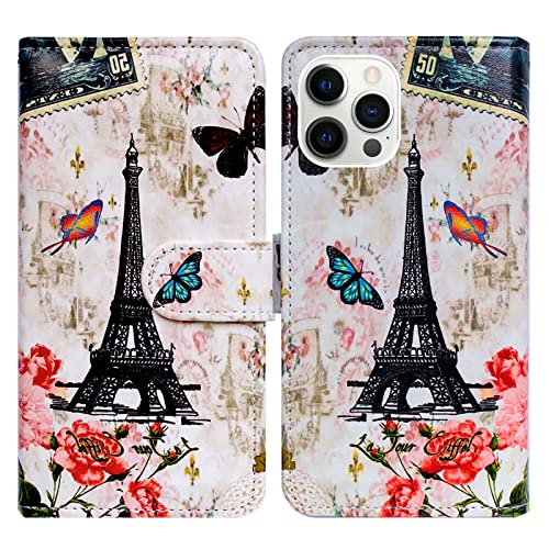 Bcov Case for iPhone 13 Pro, Paris Tower Butterfly Leather Flip Phone Case Wallet Cover with Card Slot Holder Kickstand for iPhone 13 Pro - color: Paris Tower Butterfly