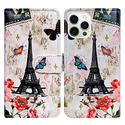 Bcov Case for iPhone 13 Pro, Paris Tower Butterfly Leather Flip Phone Case Wallet Cover with Card Slot Holder Kickstand for iPhone 13 Pro - color: Paris Tower Butterfly