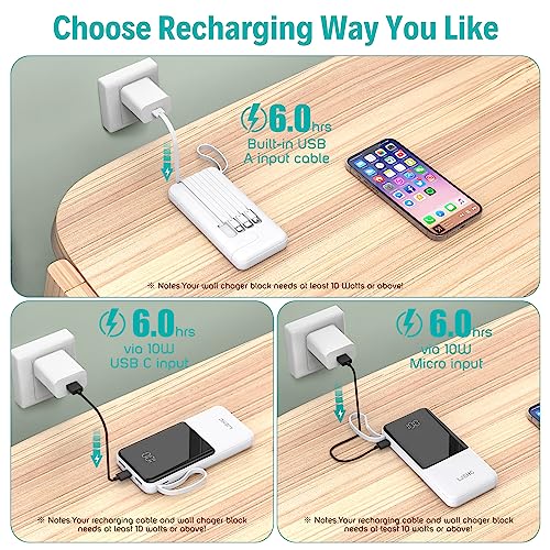 Portable Charger with Built in Cables,10000mAh Slim USB C Power Bank,White - color: White
