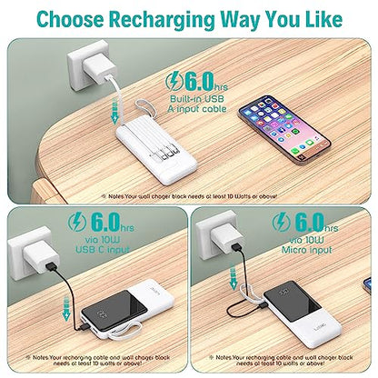 Portable Charger with Built in Cables,10000mAh Slim USB C Power Bank,White - color: White
