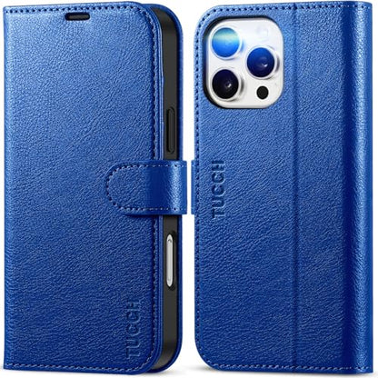 TUCCH Wallet Case for iPhone 16 Pro Max (6.9"), 4 Card Slots, Klein Blue | RFID Blocking, Viewing Stand, Shockproof TPU Shell, PU Leather, Magnetic Closure, Protective Folio Flip Cover - color: Textured Klein Blue