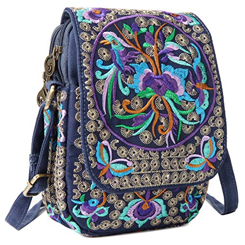 SILKAREA Embroidered Cute Mini Crossbody Bag for Women Small Handbags Wristlet Wallet Bag Cell-phone Pouch Coin Purse - color: Blue + Flower-medium