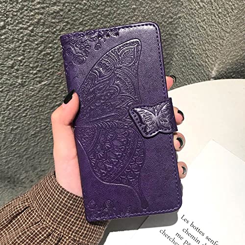 for Moto G Power 2022 Case Wallet,Women Flip Cover,Purple | Butterfly Embossed PU Leather Kickstand Credit Card Holder Slots Magnetic Wrist Strap Purse - color: Purple