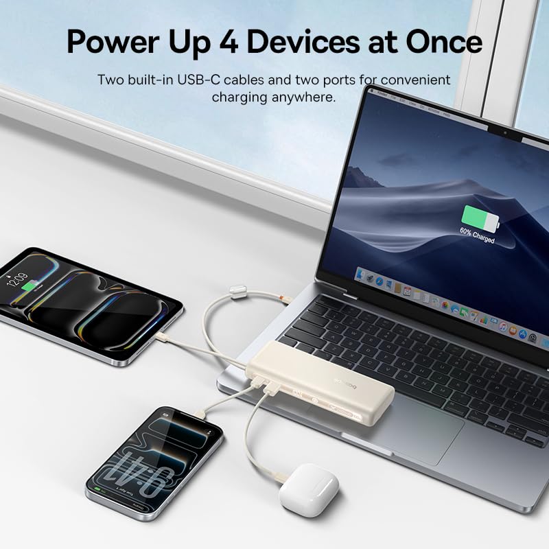 Baseus Portable Charger with Built in Cable, 100W Laptop Power Bank 20000mAh, Travel Essential Fast Charging USB C Battery Pack for MacBook, iPhone 18/17/16 Series, Samsung Galaxy S25/24, TSA-Approved - color: White