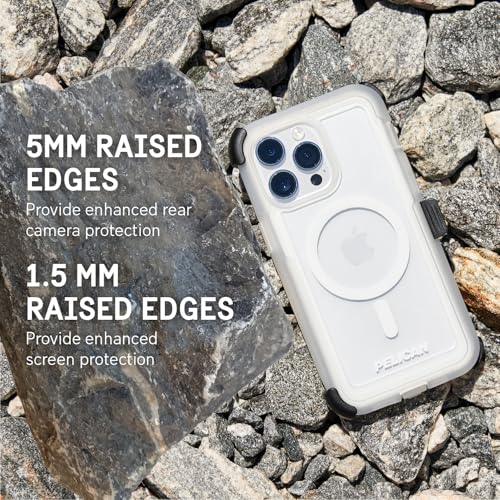 Pelican Voyager Series - iPhone 15 Pro Case 6.1" [Compatible with MagSafe] [Anti-Yellow] Magnetic Charging Phone Case with Belt Clip Holster Kickstand [18ft Military Grade Drop Protection] - Clear