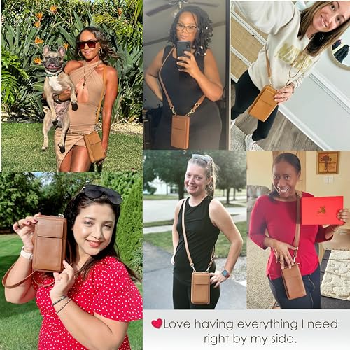 BULL GUARD Crossbody Bag for Women, Leather Phone Wallet Purse with Adjustable Anti Theft Strap & RFID Blocking 12 Card Slots - color: Golden Brown Latte Bliss - Small