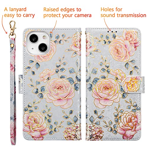UEEBAI Wallet Case for iPhone 13, PU Leather Phone Cover Kickstand RFID Blocking Flip Case Card Slots Wrist Strap Relief Engraved Pattern Magnetic Closure Flower Folio Wallet, Purple Rose - color: Purple Rose, size: iPhone 13