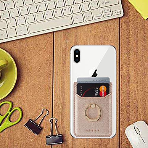2Pcs RFID Leather Card Holder for Phone, Stick-On Wallet with Ring | Phone Wallet Stick On Back Of Phone Case. Adhesive For iPhone Wallet Holds Credit Cards/ID/Pockets. Viewing Freely Ring Stand - color: Rose/Gold