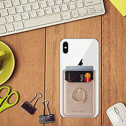 2Pcs RFID Leather Card Holder for Phone, Stick-On Wallet with Ring | Phone Wallet Stick On Back Of Phone Case. Adhesive For iPhone Wallet Holds Credit Cards/ID/Pockets. Viewing Freely Ring Stand - color: Rose/Gold