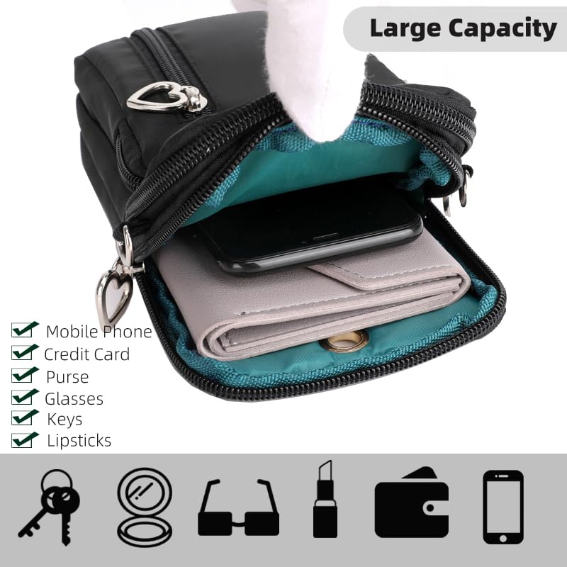 Small Crossbody Bag for Women, Multi Zip Pockets Nylon Wallet Purse Credit Card Holder with Detachable Hand Strap - color: Black