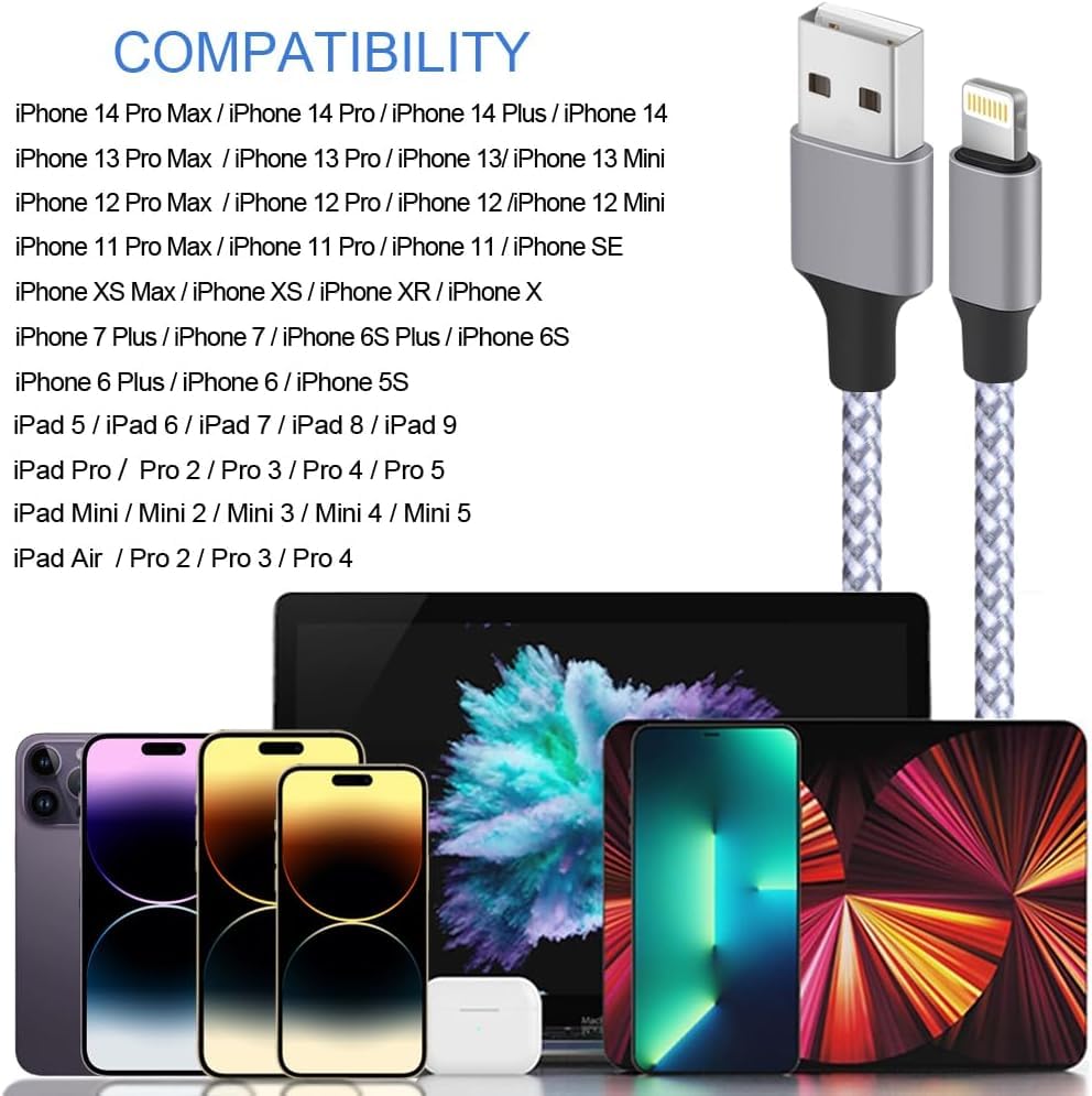 iPhone Charger, Lightning Cable 3PACK 6FT MFi Certified USB Charging Cord - color: white, grey