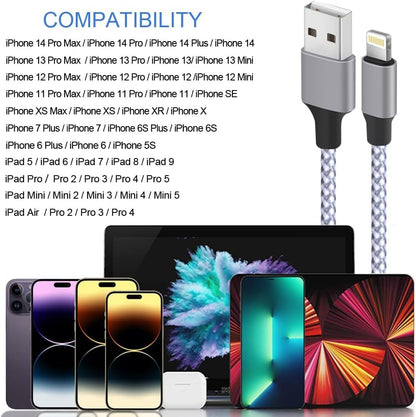 iPhone Charger, Lightning Cable 3PACK 6FT MFi Certified USB Charging Cord - color: white, grey