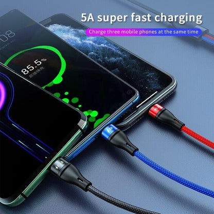 3 in 1 Fast Charging Cable with Micro USB, USB-C, and Lightning Connector Compatible with iPhone and Android, Nylon Braided, Black