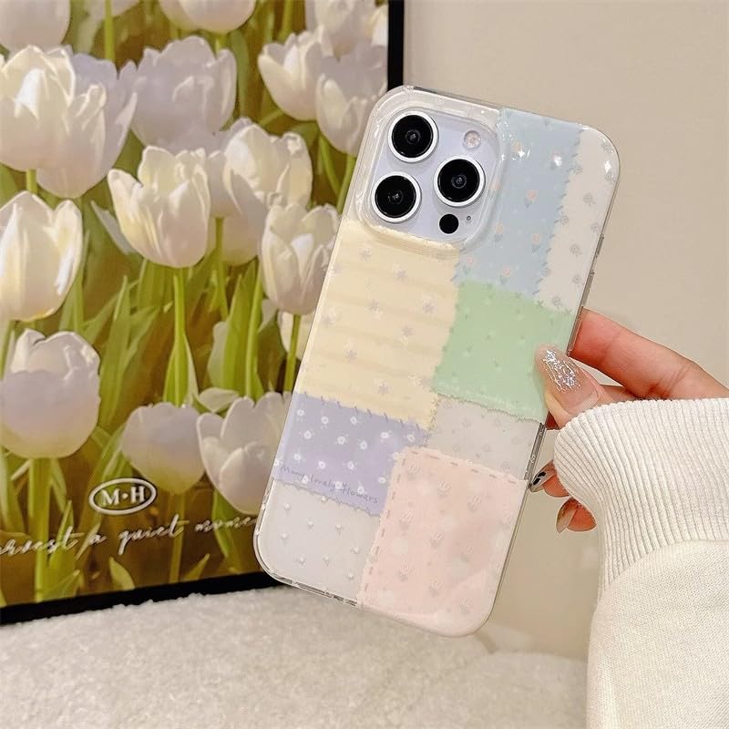for iPhone 14 pro Case, Pastel Patchwork Phone Cover with Crystal Heart Beaded Strap & Bow Charm, Cute Kawaii Clear Protective Case for Women Girls(Lanyard+Phone case, iphone14pro) - size: iphone14pro