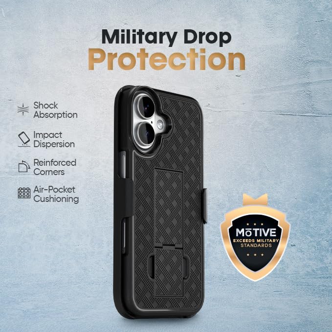 MOTIVE for iPhone 17 Case with Belt Clip, Rigid, Kickstand | 6.3" | Ranger v1 Series, Black, 360° holster, open-top/open-bottom port access, textured grip, slim - size: iPhone 17