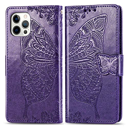 for iPhone 12 Pro/iPhone 12 Wallet Case,Women Flip Folio Cover with Butterfly Embossed PU Leather Kickstand Credit Card Holder Slots Wrist Strap for iPhone 12/12 Pro 6.1 inch (Purple) - color: Purple