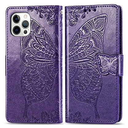 for iPhone 12 Pro/iPhone 12 Wallet Case,Women Flip Folio Cover with Butterfly Embossed PU Leather Kickstand Credit Card Holder Slots Wrist Strap for iPhone 12/12 Pro 6.1 inch (Purple) - color: Purple