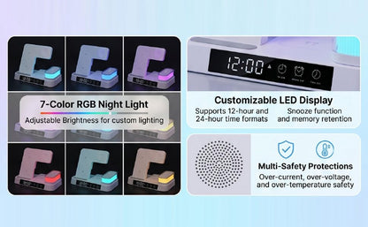 ASHATA 4 in 1 Wireless Charging Station 3 in 1 Stand with Digital Alarm Clock 7 Color Night Light for Phone Watch Earbuds (White) - color: White