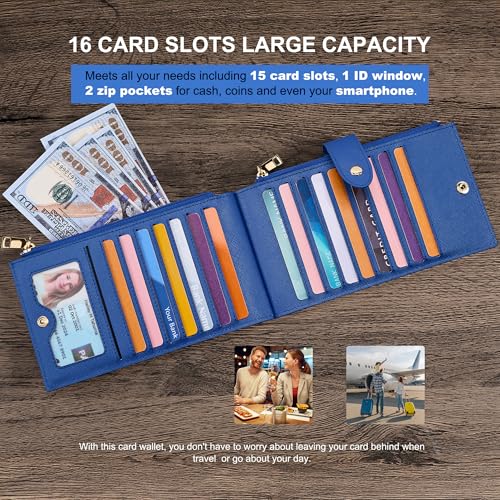 Travelambo RFID Wallet Women Large Size Bifold Multi Card Wallet Case with Zipper Pocke Credit Card Holder for Women - color: Blue Deep
