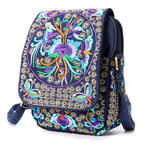 SILKAREA Embroidered Cute Mini Crossbody Bag for Women Small Handbags Wristlet Wallet Bag Cell-phone Pouch Coin Purse - color: Blue + Flower-medium