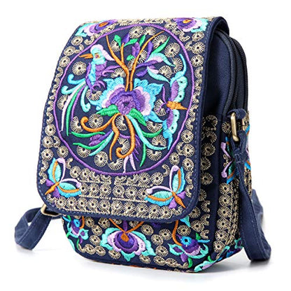 SILKAREA Embroidered Cute Mini Crossbody Bag for Women Small Handbags Wristlet Wallet Bag Cell-phone Pouch Coin Purse - color: Blue + Flower-medium