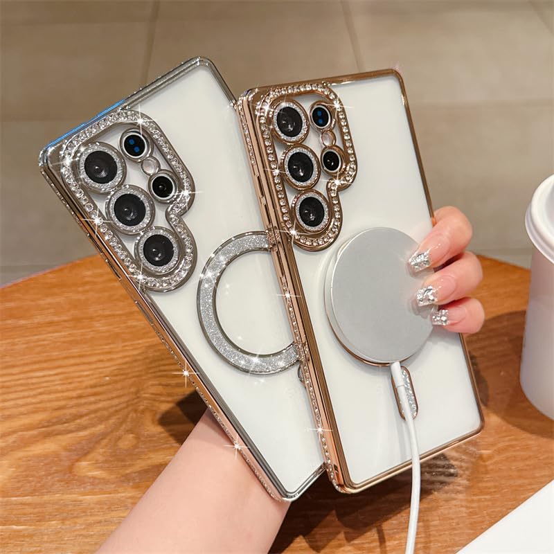for Samsung Galaxy S26 Ultra Clear Glitter Case Magnetic, [Compatible with MagSafe] Women Cute Bling Diamond Sparkly Case Camera Lens Protectors Plating Cover for Galaxy S26 Ultra, Silver - color: Silver