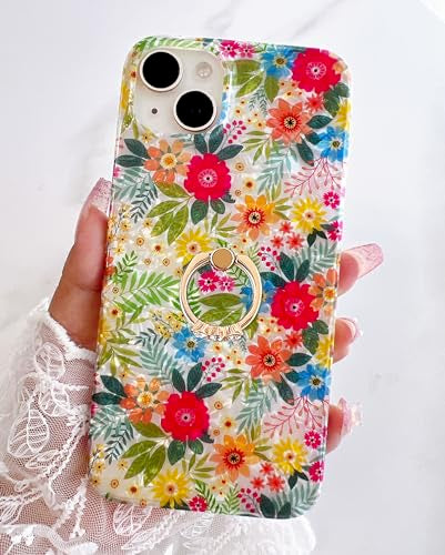 Qokey for iPhone 13/14 Case 6.1 inch,Flower Design Cute Clear for Women Girls with 360 Degree Rotating Ring Kickstand Soft TPU Shockproof Cover Blue Pink Floral - color: Blue Pink