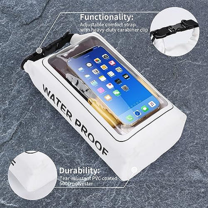 IP68 Waterproof Dry Bag, 2L - Roll Top Waterproof Pool Bag，Dry Bags for Kayaking Waterproof-w/Phone Pouch,Large Waterproof Phone Pouch,Boating & Kayak Accessories Camping (White) - color: white