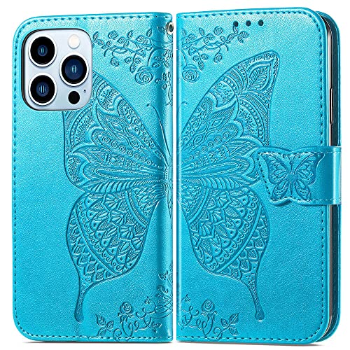 for iPhone 13 Pro Case Wallet for Women,Blue | Flip Folio Butterfly Embossed PU Leather Stand Credit Card Holder Slots Magnetic Wrist Strap Phone Cover - color: Blue