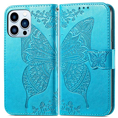 for iPhone 13 Pro Case Wallet for Women,Blue | Flip Folio Butterfly Embossed PU Leather Stand Credit Card Holder Slots Magnetic Wrist Strap Phone Cover - color: Blue
