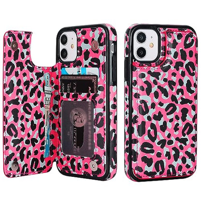 HAOPINSH for iPhone 11 Wallet Case with Card Holder, Pink Black Leopard Cheetah Pattern Back Flip Case PU Leather Kickstand Card Slots Case for Women Girls, Double Magnetic Clasp Shockproof 6.1" - color: Pink Black Leopard