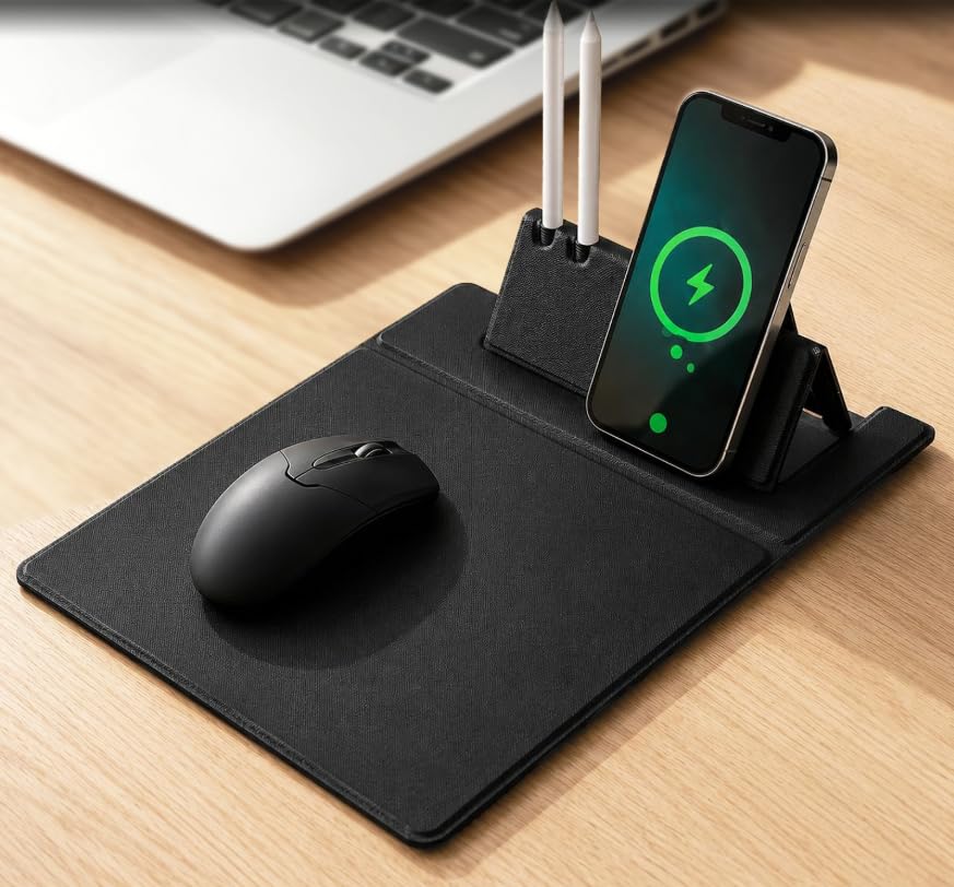 15W Wireless Charging Mouse Pad, Foldable Desk Mat with Phone Holder & Pen Slot, Water-Resistant PU Surface, Non-Slip Base for Office, Gaming, and Home